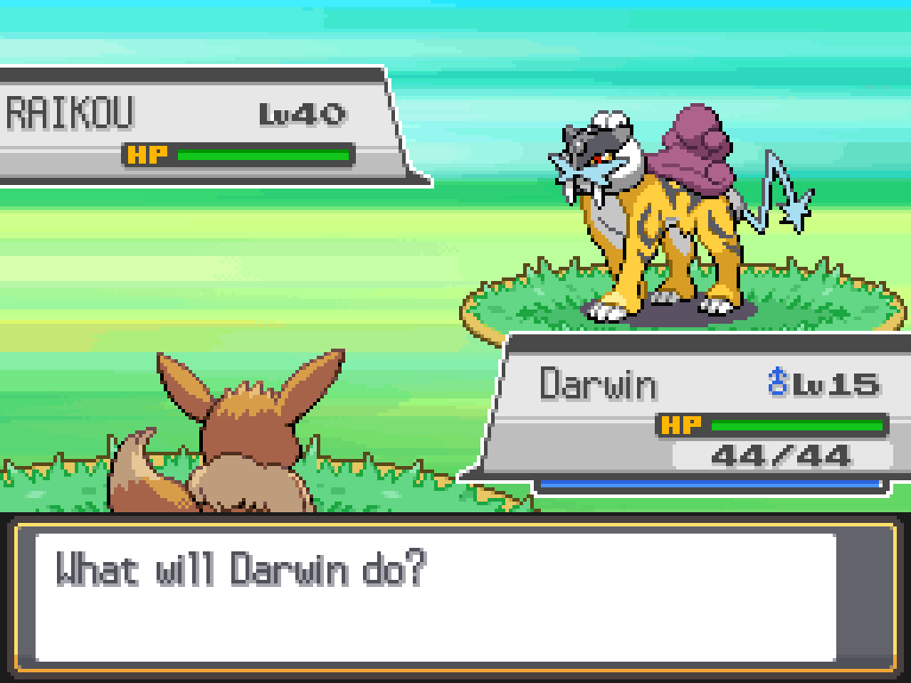 Darwin, a level 15 male Eevee, faces a level 40 Raikou.