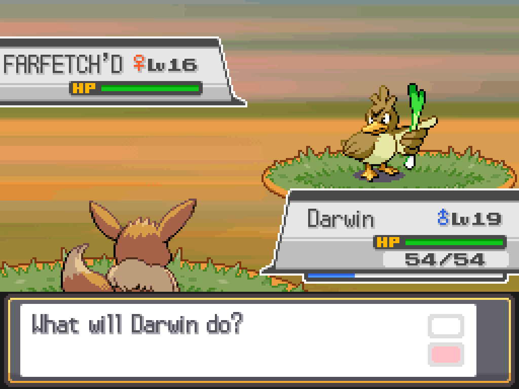 Darwin, a level 19 male Eevee, faces a level 16 female Farfetch'd.