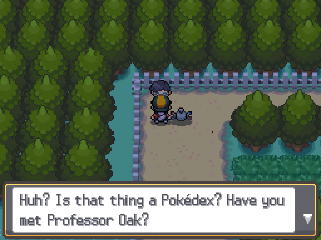 Talking to a young boy with glasses on route 38: Huh? Is that thing a Pokédex? Have you met Professor Oak?