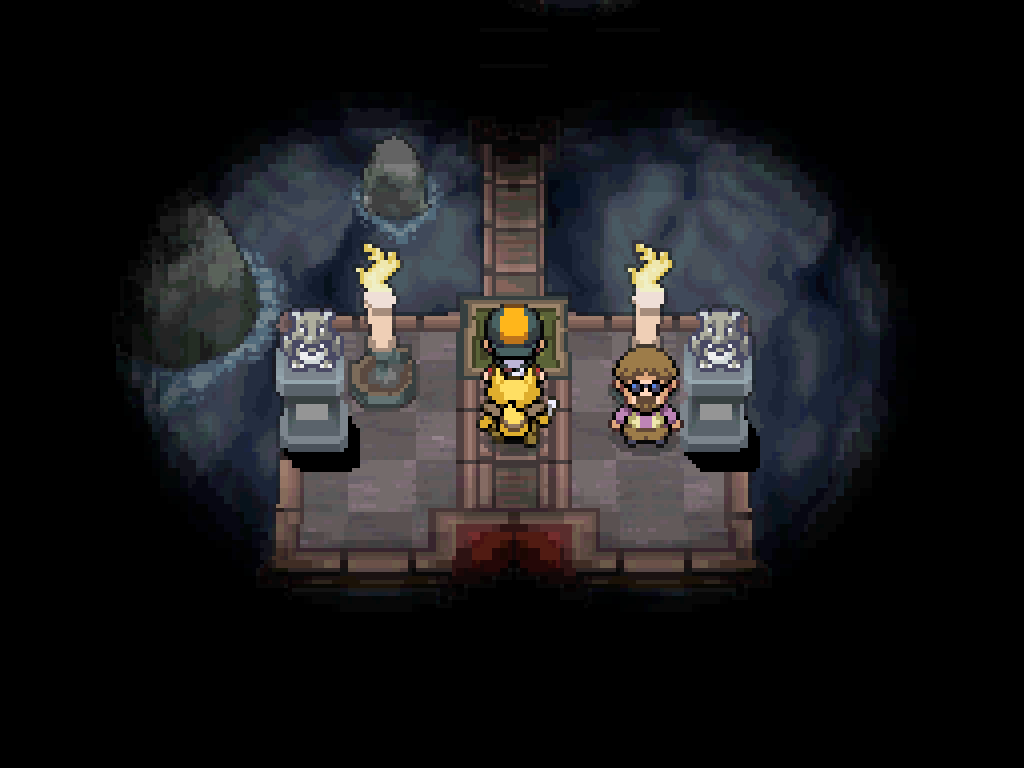 In Ecruteak Gym. Narrow wooden walkways over a cloudy abyss. The gym is dark, led by candles at the entrance and candles worn on the heads of gym trainers.