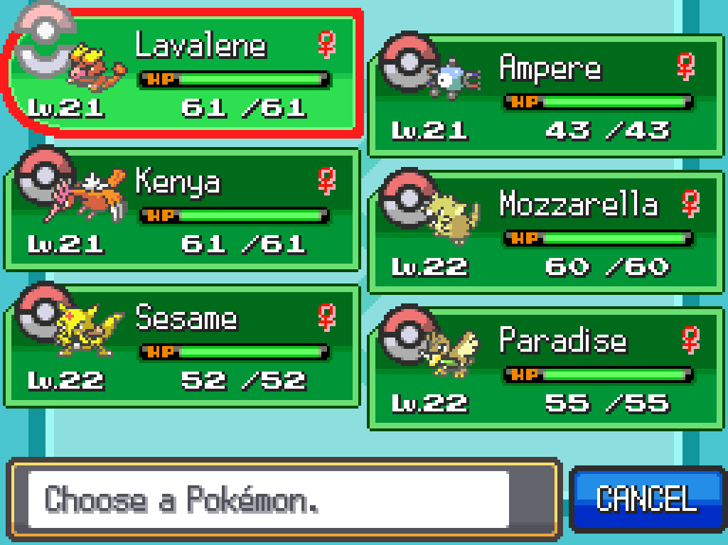 Team list: Paradise, level 22 female Farfetch'd; Ampere, level 21 female Magnemite; Sesame, level 22 female Kadabra; Kenya, level 22 female Fearow; Mozzarella, level 22 female Raticate; Lavalene, level 21 female Magmar.