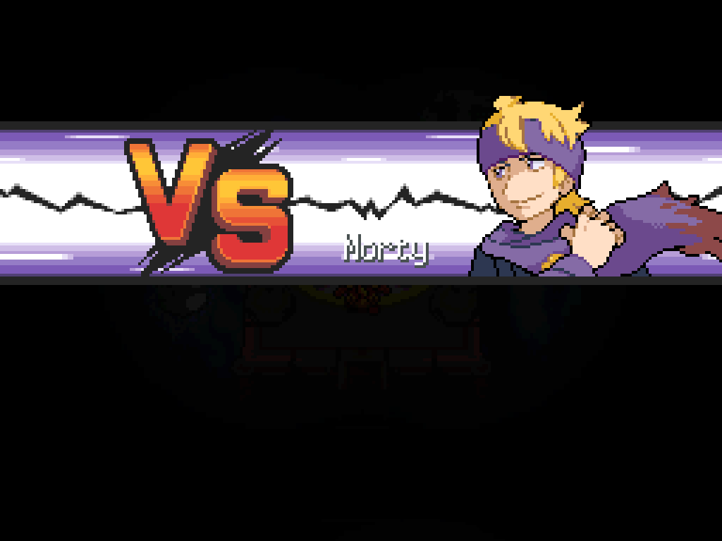 "Vs" portrait with a close-up of Morty, a young man with short blond hair, wearing a purple headband and a purple scarf.