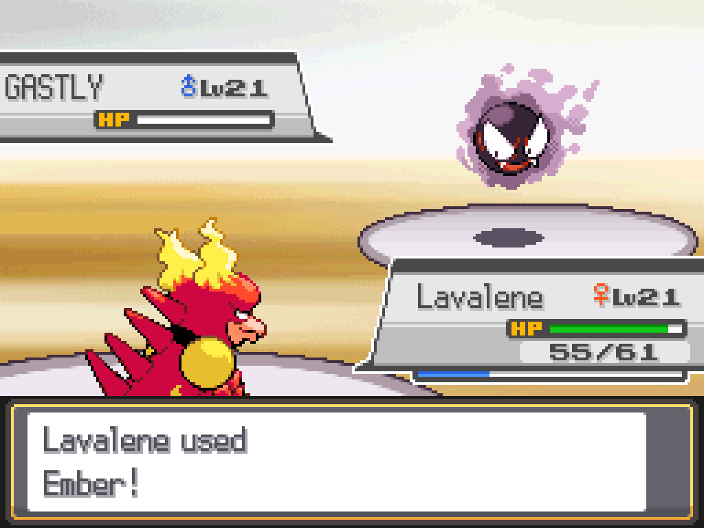Lavalene uses Ember a second time, reducing Gastly to 0 HP.