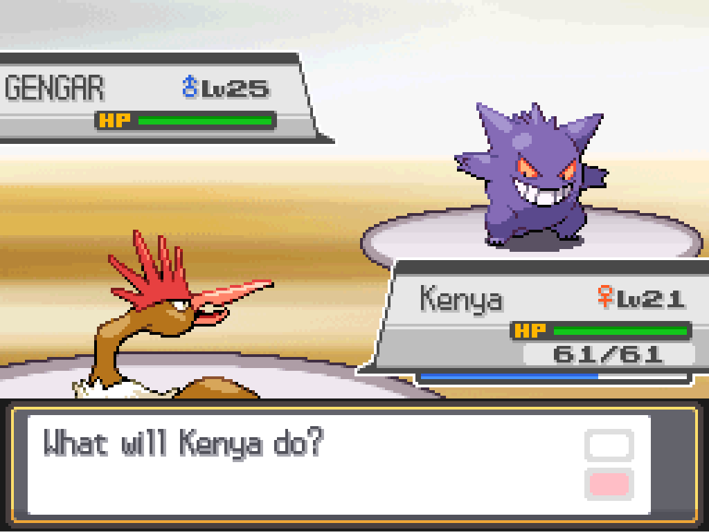 Kenya, a level 21 female Fearow, faces a level 25 male Gengar.