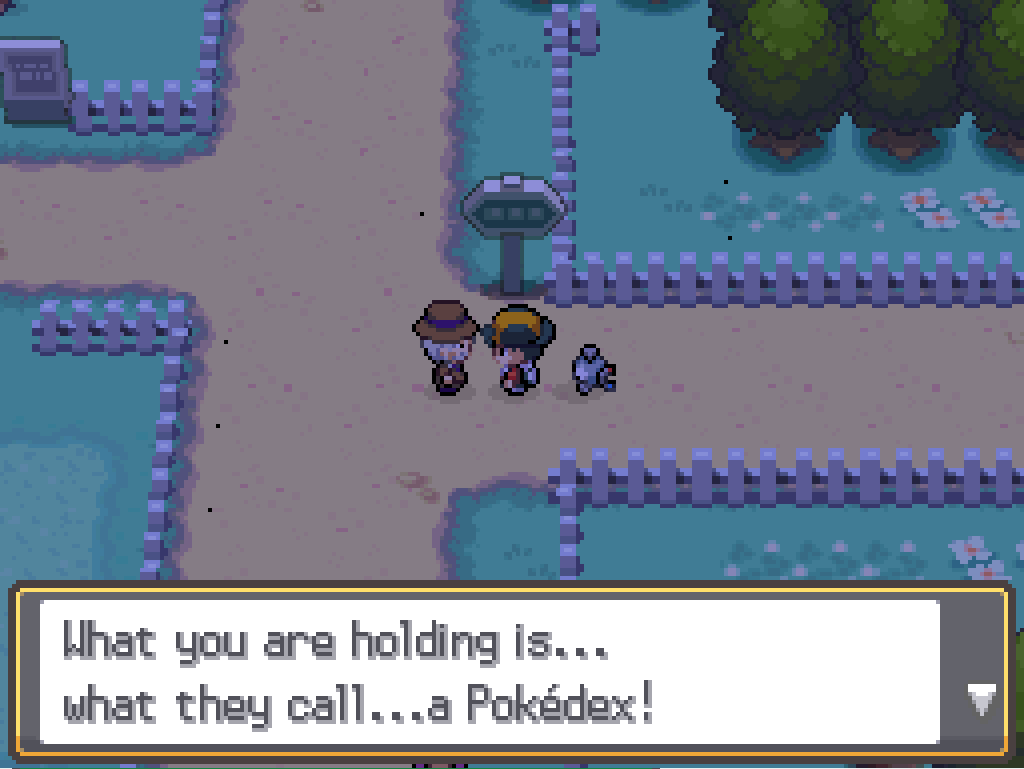 On route 39, talking to an older man in a hat: What you are holding is... what they call... a Pokédex!