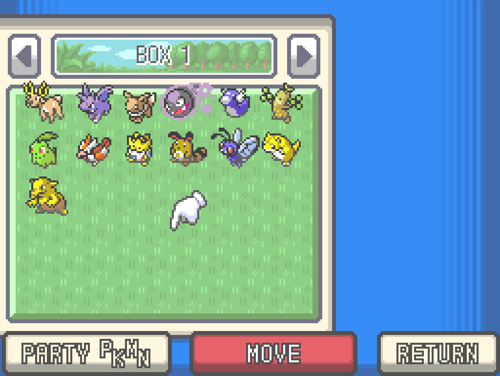 Looking at a PC box. It contains: Stantler, Nidorino, Eevee, Gastly, Dratini, Sudowoodo, Chikorita, Pidgey, Togepi, Sentret, Butterfree, Sandshrew, Drowzee.