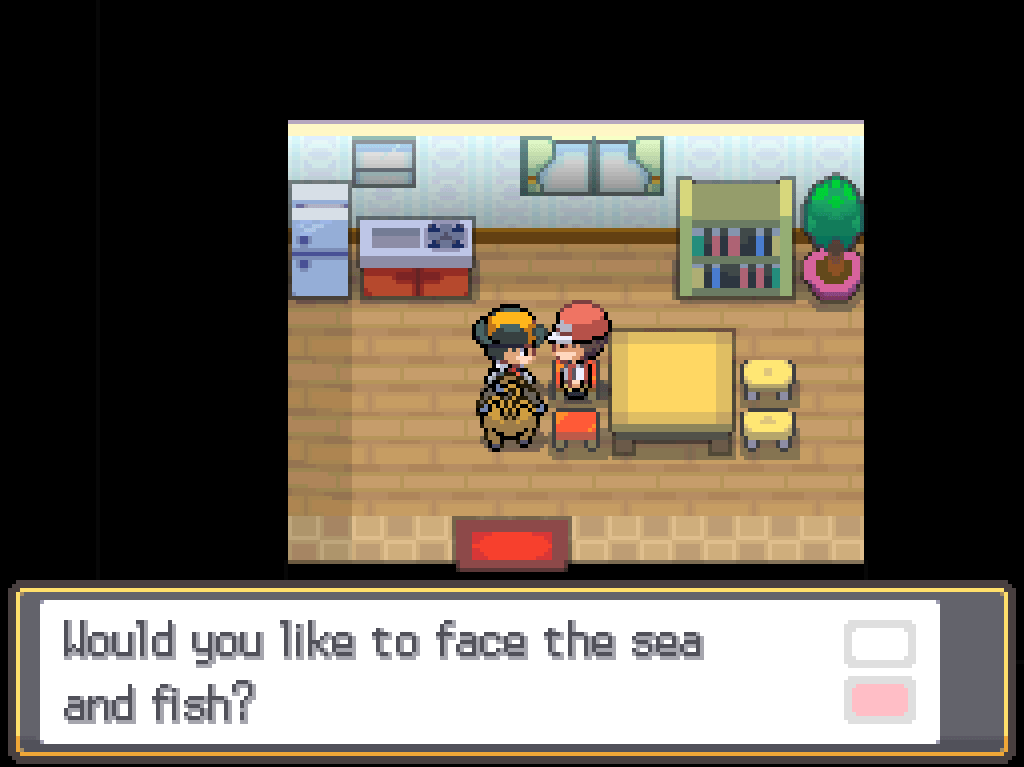 In a house, speaking to a man in a red cap: Would you like to face the sea and fish?