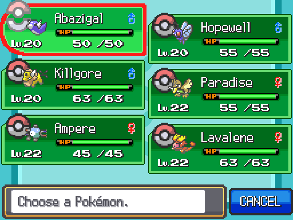 Team list: Abazigal, level 20 male Dratini; Hopewell, level 20 male Butterfree; Killgore, level 20 male Tauros; Paradise, level 22 female Farfetch'd; Ampere, level 22 female Magnemite; Lavalene, level 22 female Magmar.