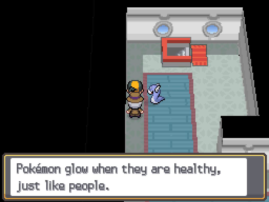 In the lighthouse: tiled floors, porthole windows. Speaking to an older gentleman: Pokémon glow when they are healthy, just like people.