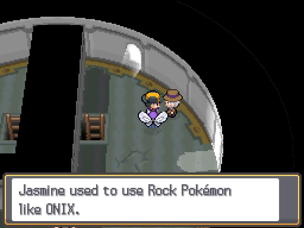 Higher up in the lighthouse: circular walls, arched windows, a stone floor. Talking to an older gentleman: Jasmine used to use Rock Pokémon like Onix.