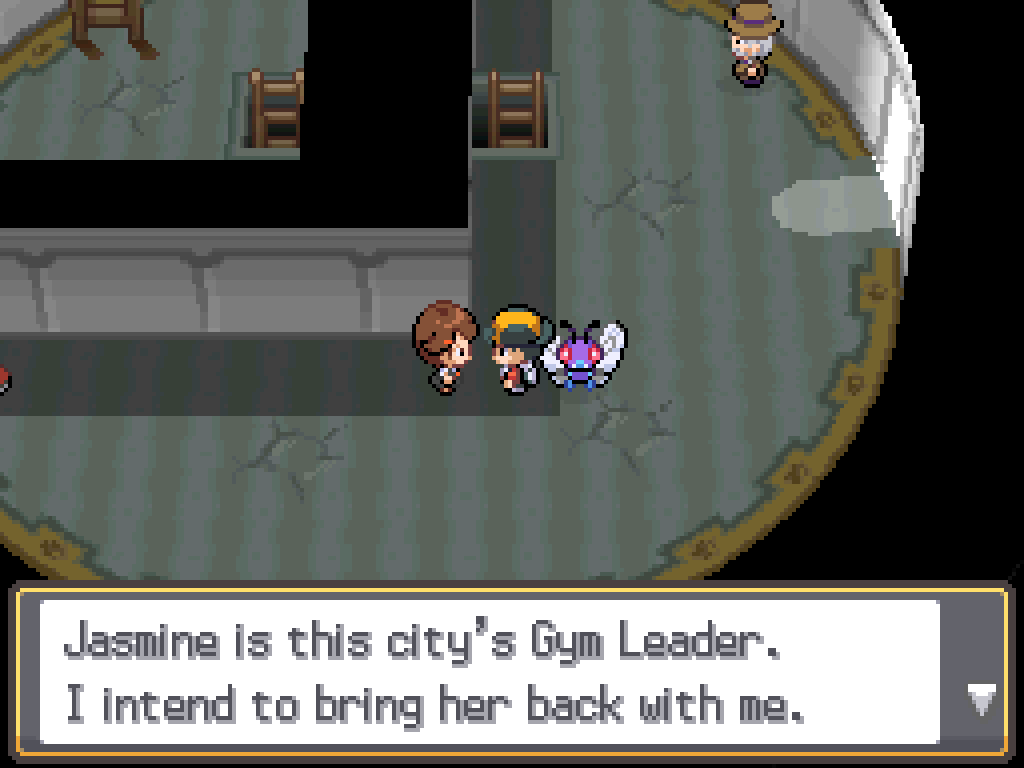 Talking to a young girl: Jasmine is this city's Gym Leader. I intend to bring her back with me.