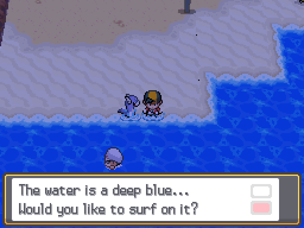 On the sandy beach, facing the sea. Game text: The water is a deep blue... Would you like to surf on it?