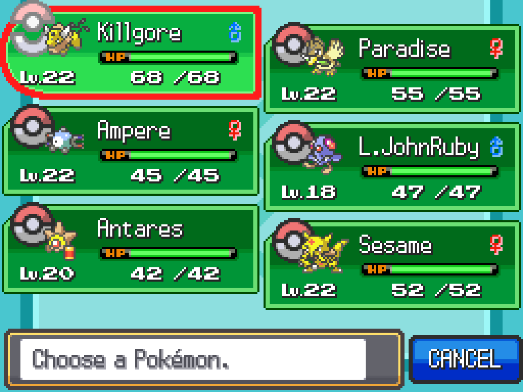 Team list: Killgore, level 22 male Tauros; Paradise, level 22 female Farfetch'd; Ampere, level 22 female Magnemite; L.JohnRuby, level 18 male Tentacool; Antares, level 20 Staryu; Sesame, level 22 female Kadabra.