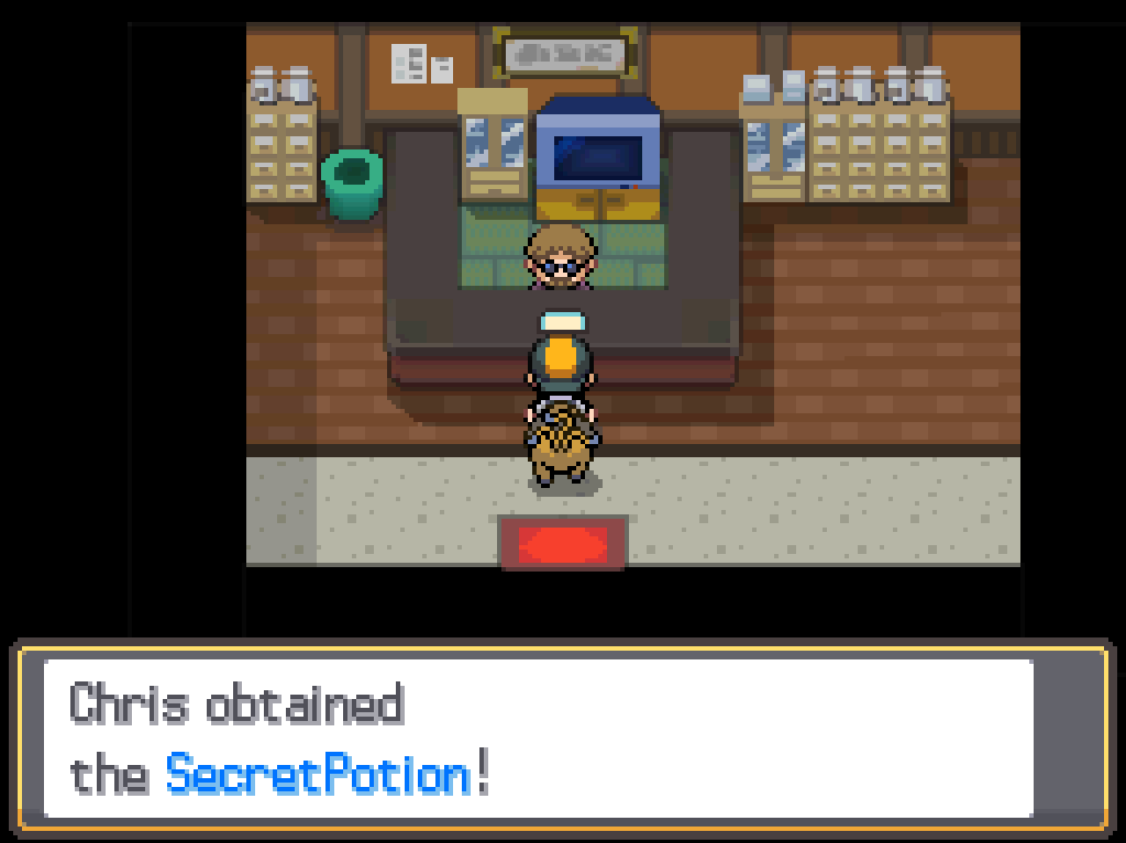 Inside the pharmacy: rows of cabinets, a man in glasses standing behind a cashier's desk. Game text: Chris obtained the SecretPotion!