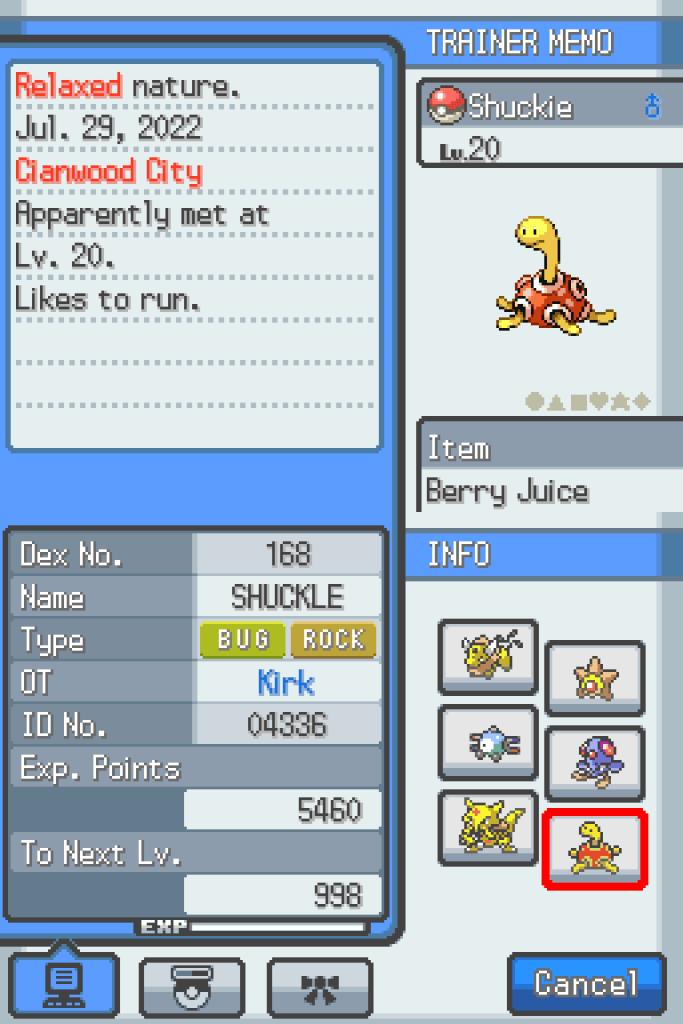Shuckie's stats page: he is level 20 with a relaxed nature and is holding Berry Juice. His original trainer is listed as Kirk, with the ID number 04336.