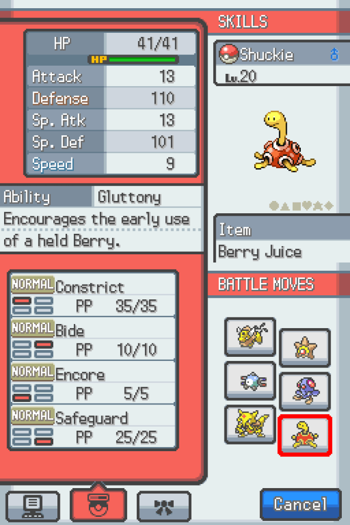 Second page of Shuckie's stats. He has the Gluttony ability and knows Constrict, Bide, Encore and Safeguard.