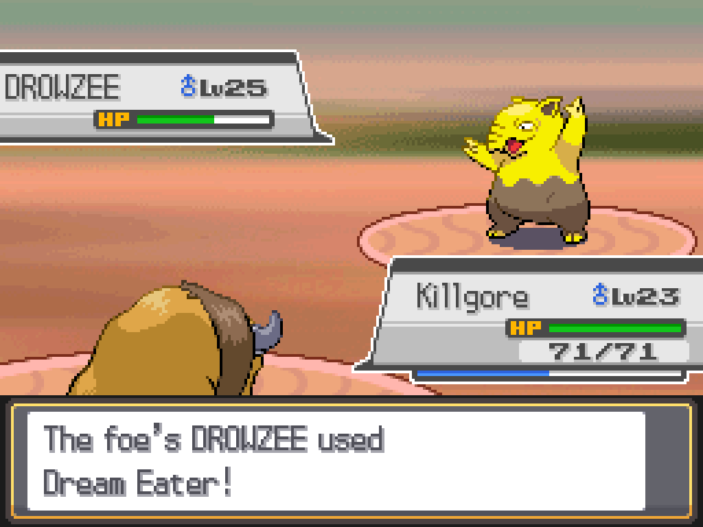 Killgore, a level 23 male Tauros, faces a level 25 male Drowzee. Tauros has 71/71 HP; Drowzee has about 2/3. Game text: The foe's Drowzee used Dream Eater!