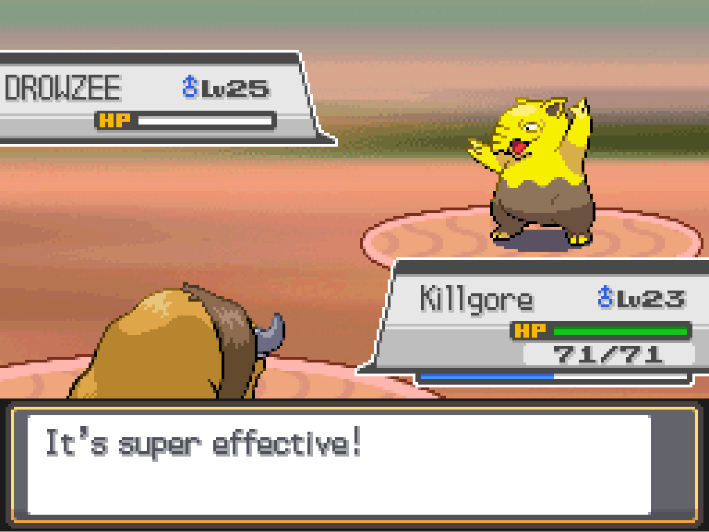 It's super effective! Drowzee's HP drops to 0; Killgore is still undamaged.