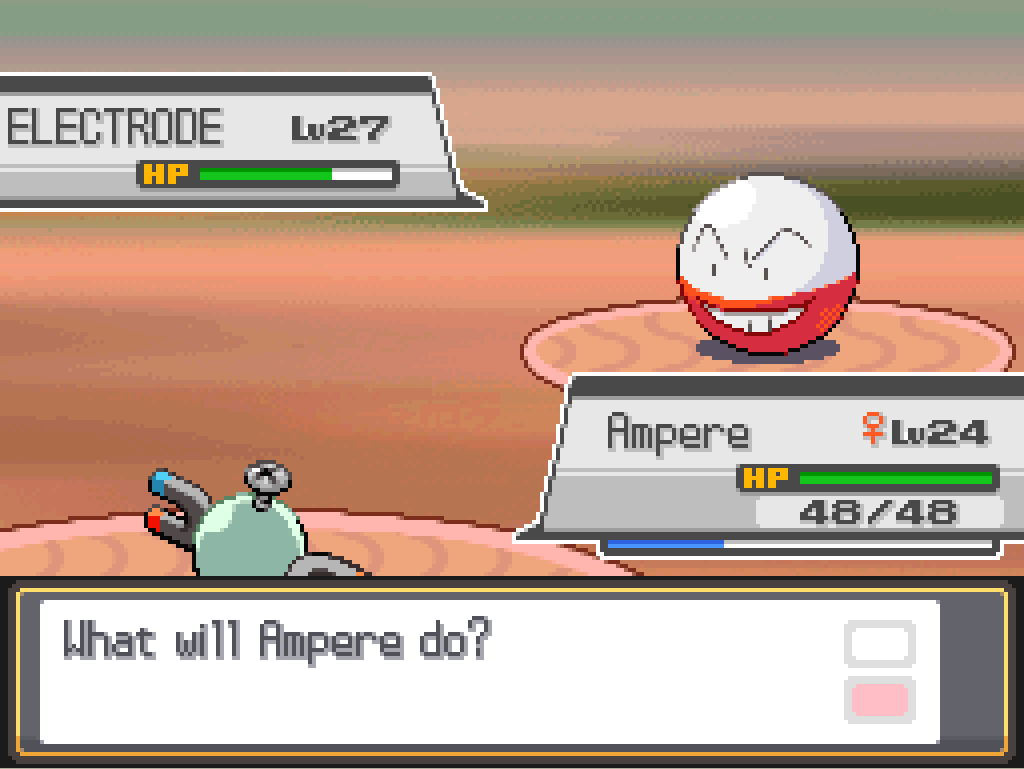 Ampere, a level 24 female Magnemite, now faces Electrode.