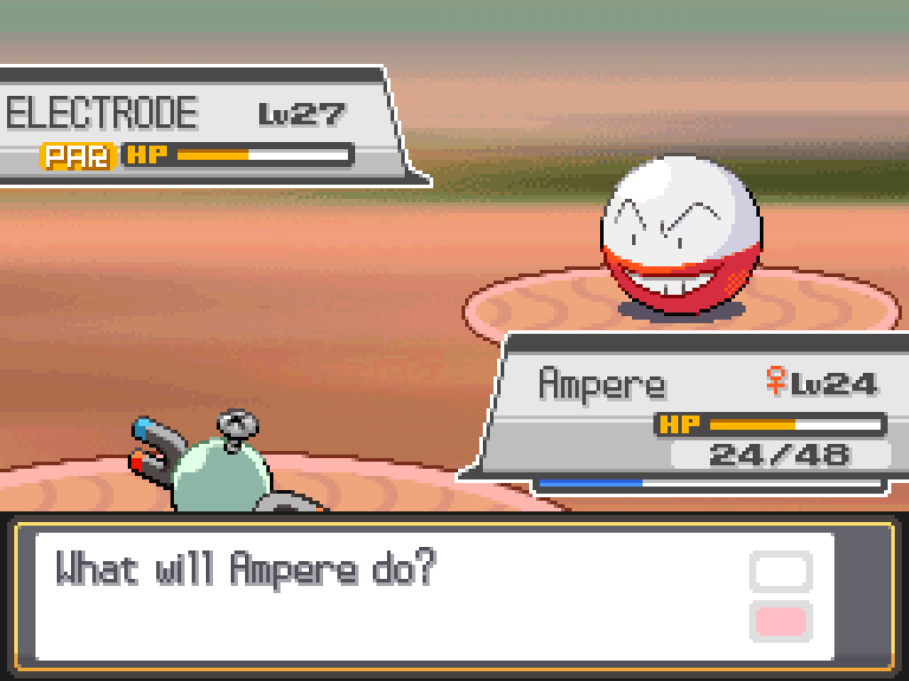 Ampere has 24/48 HP; Electrode has slightly less than 1/2 and is paralysed.