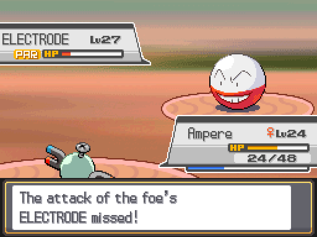 The attack of the foe's Electrode missed! Electrode is now critically injured.