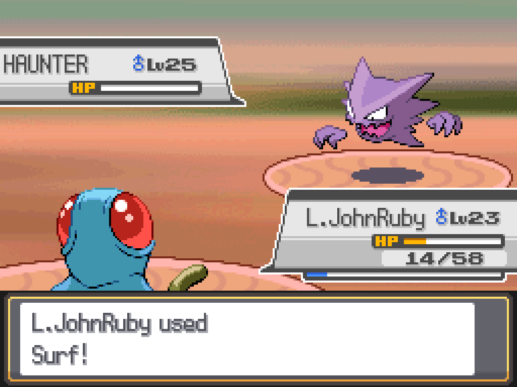 Haunter is reduced to 0 HP; Long John still has 14/58.