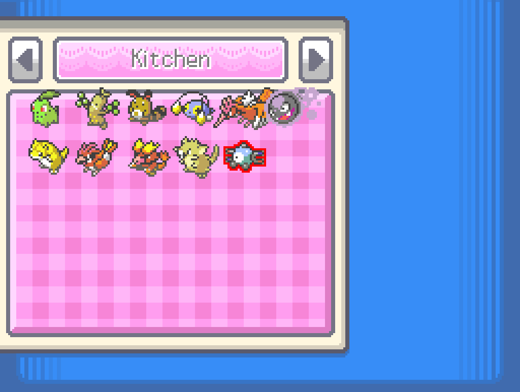 Depositing Ampere in a PC box labelled "Kitchen" with my other female Pokémon.