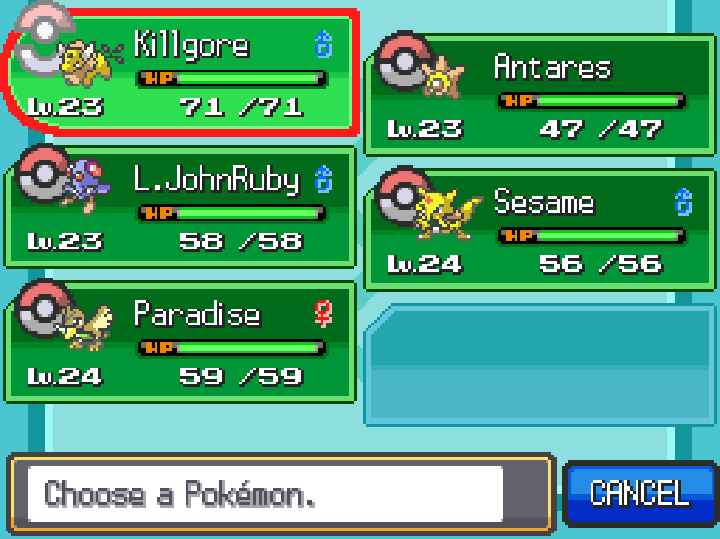 Team list: Killgore, level 23 male Tauros; Antares, level 23 Staryu; L.JohnRuby, level 23 male Tentacool; Sesame, level 24 male Kadabra; Paradise, level 24 female Farfetch'd.