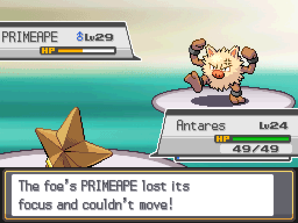 The foe's Primeape lost his focus and couldn't move! Primeape now has slightly less than 1/2 HP remaining.