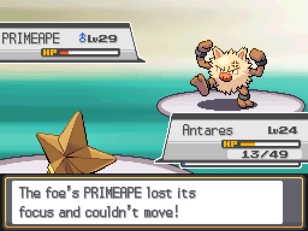 The foe's Primeape lost its focus and couldn't move! Antares has 13/49 HP remaining; Primeape is now critically injured.