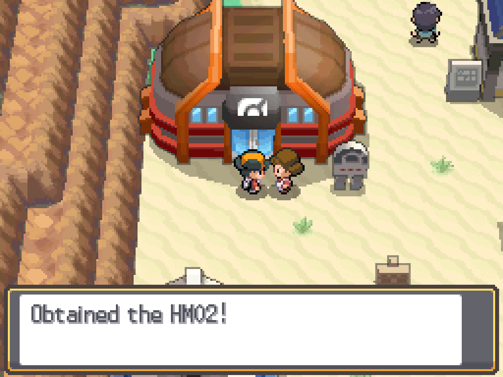 Outside the gym, talking to a woman in an apron: Obtained the HM02!