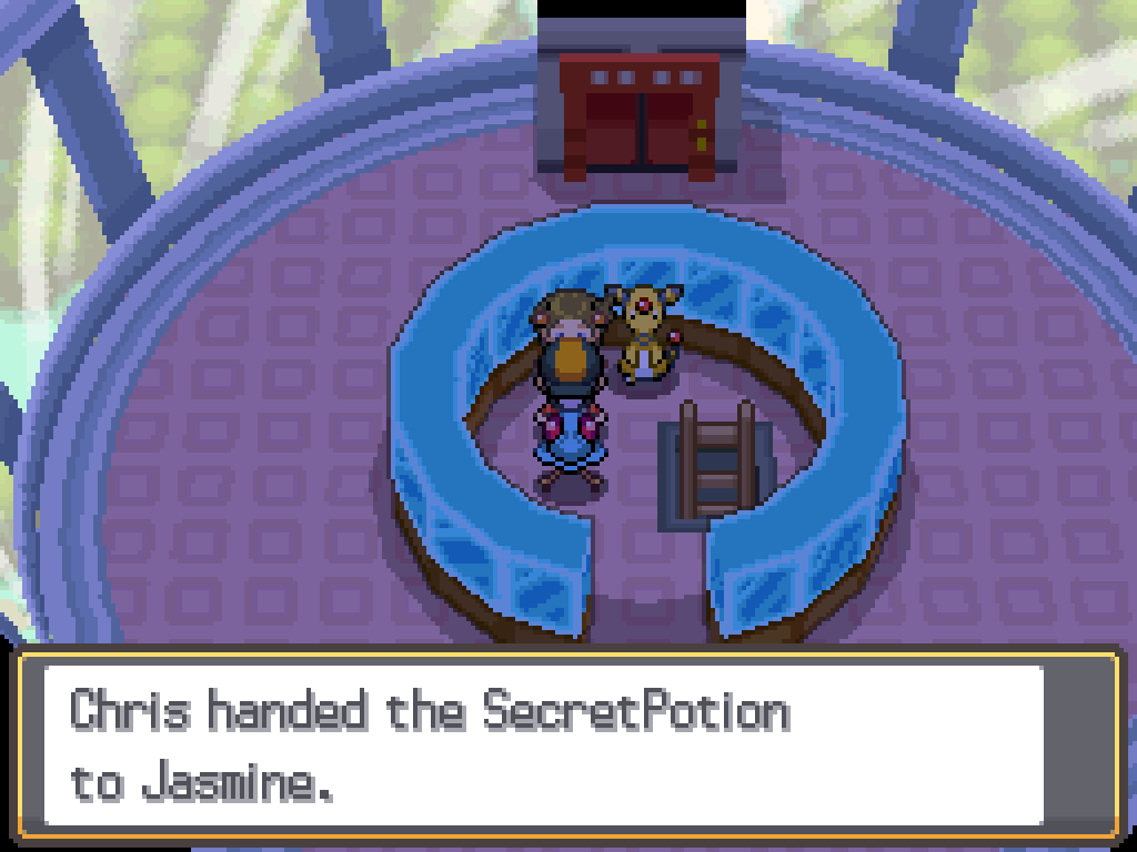 Back on the top floor of the Olivine Lighthouse. Chris handed the SecretPotion to Jasmine.