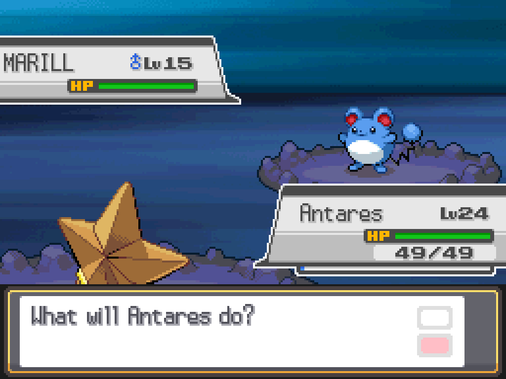 Antares the Staryu faces a wild level 15 male Marill.