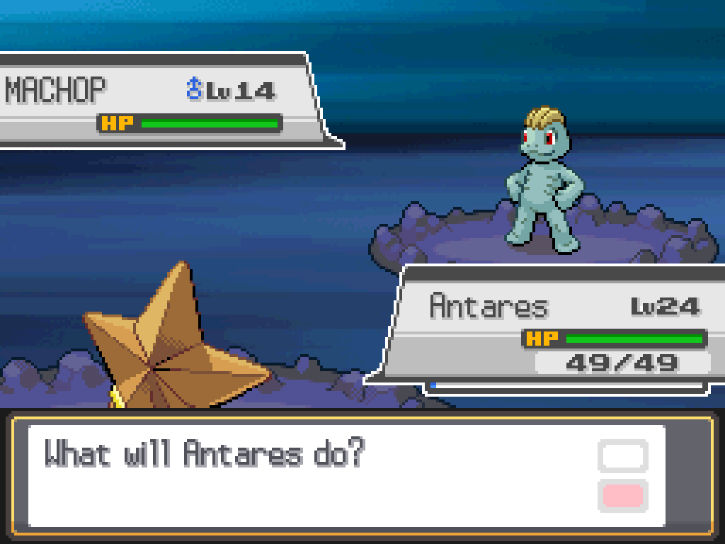 Antares faces a wild level 14 male Machop