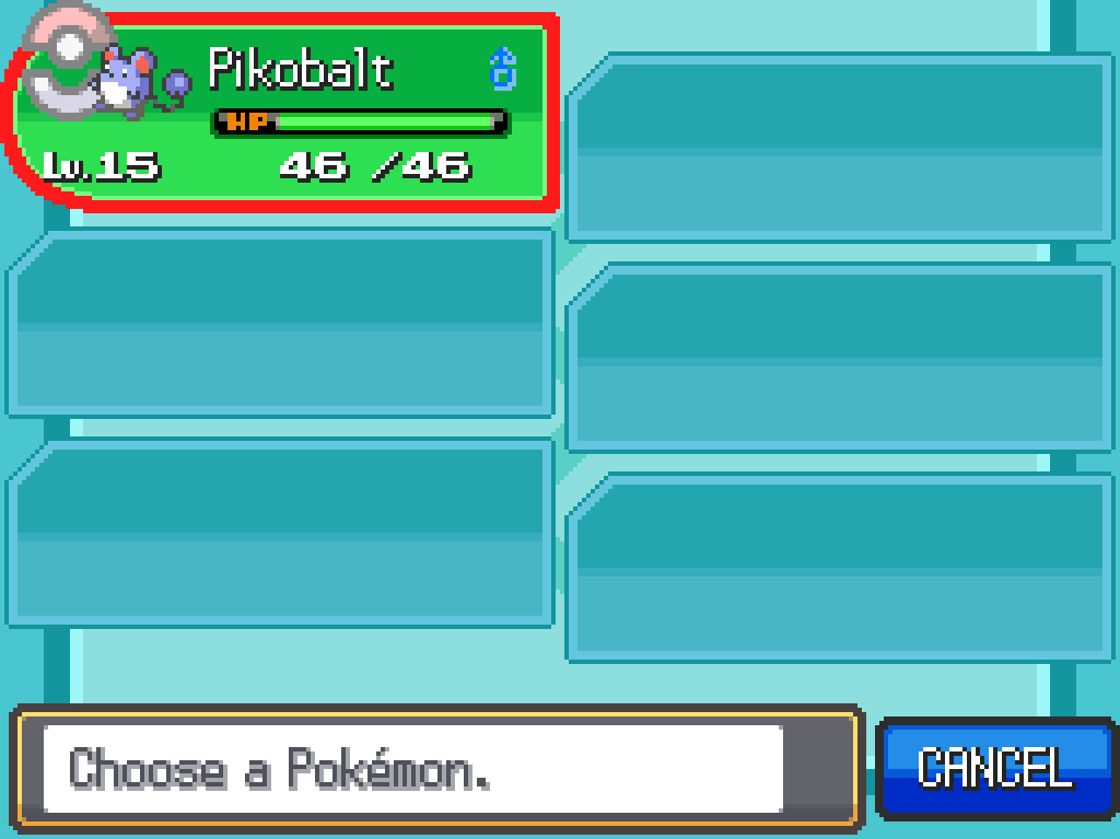 Party list: Pikobalt, level 15 male Marill