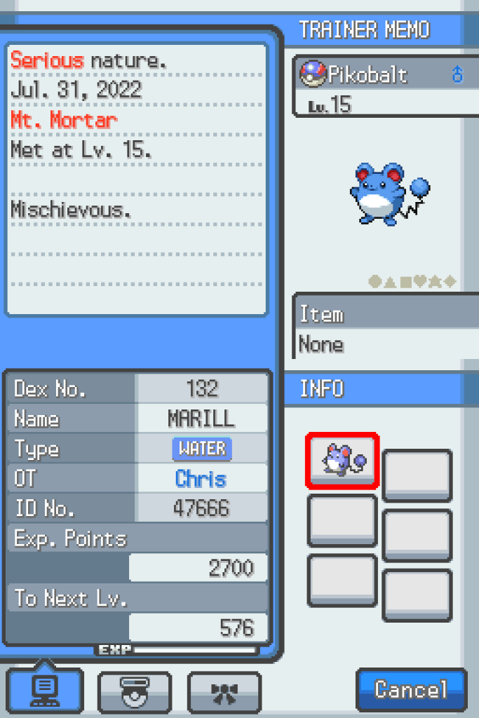 Pikobalt's stats page. He is level 15 and has a serious nature.