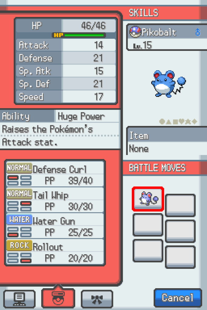 Second page of Pikobalt's stats. He has the Huge Power ability and knows Defence Curl, Tail Whip, Water Gun and Rollout.