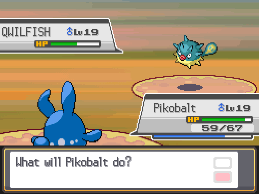 Pikobalt, a level 19 male Azumarill, faces a level 19 male Qwilfish.