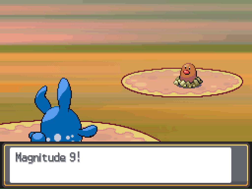 Pikobalt faces a Diglett. Game text: Magnitude 9!