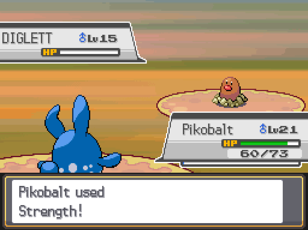 Pikobalt used Strength! Diglett's HP is reduced to 0. Pikobalt has 60/73 HP remaining.