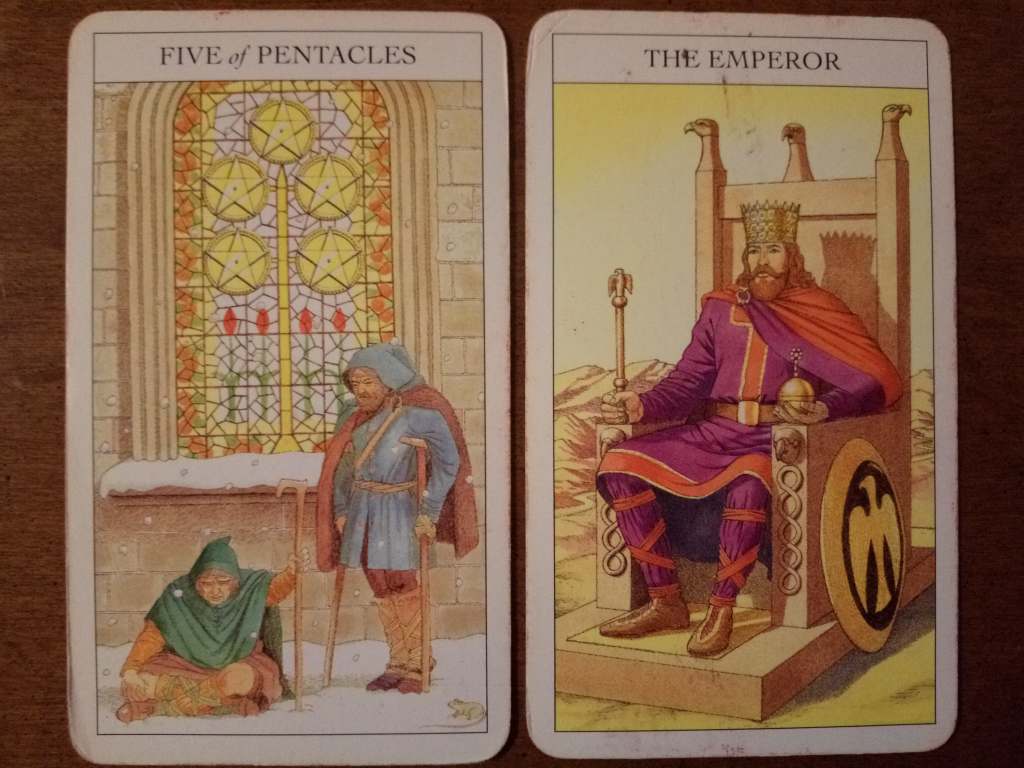 Two tarot cards, the Five of Pentacles and the Emperor