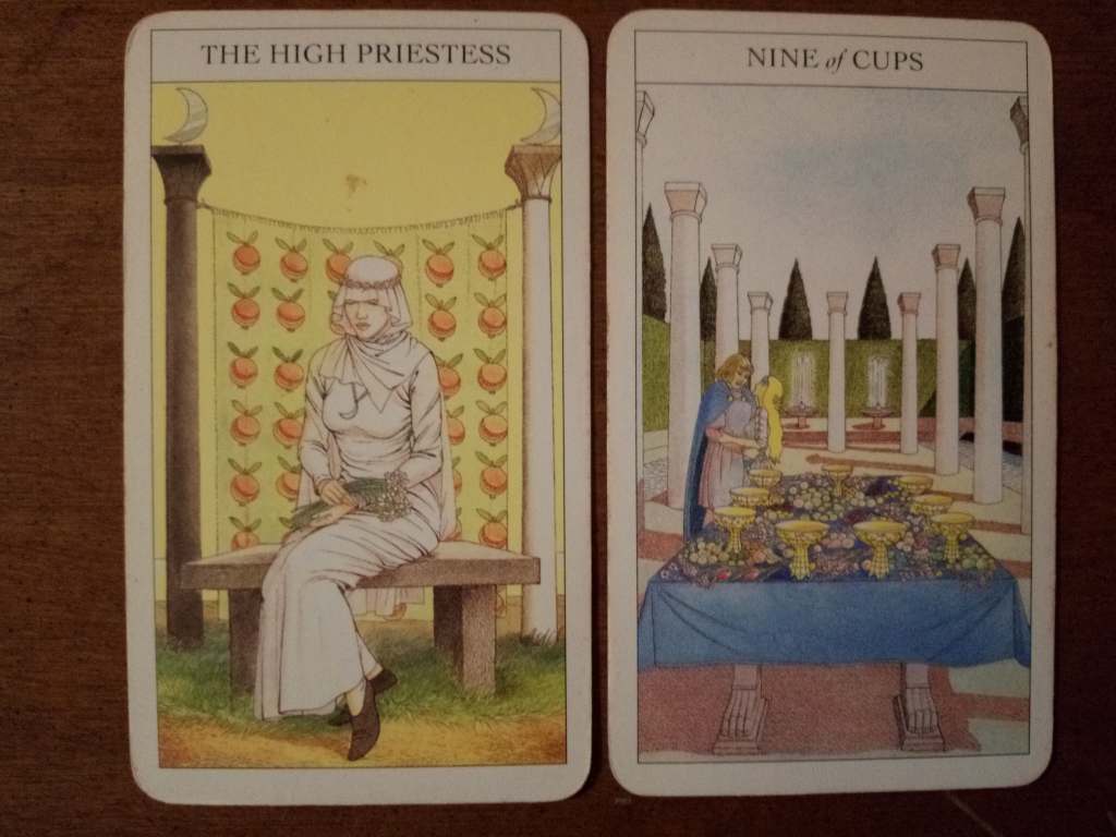 Two tarot cards, the High Priestess and the Nine of Cups.