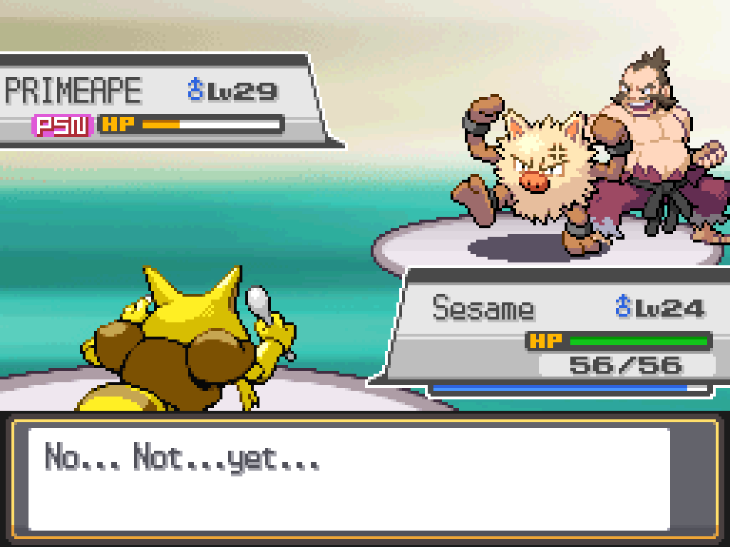 Primeape's HP is reduced to about 1/4. Chuck interjects: No... Not... yet...