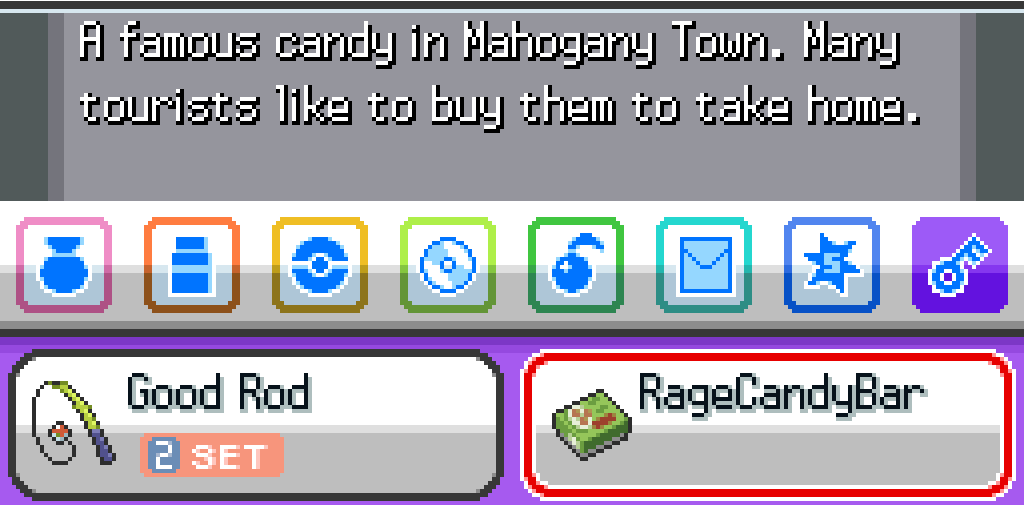 Inventory description of the RageCandyBar: A famous candy in Mahogany Town. Many tourists like to buy them to take home.