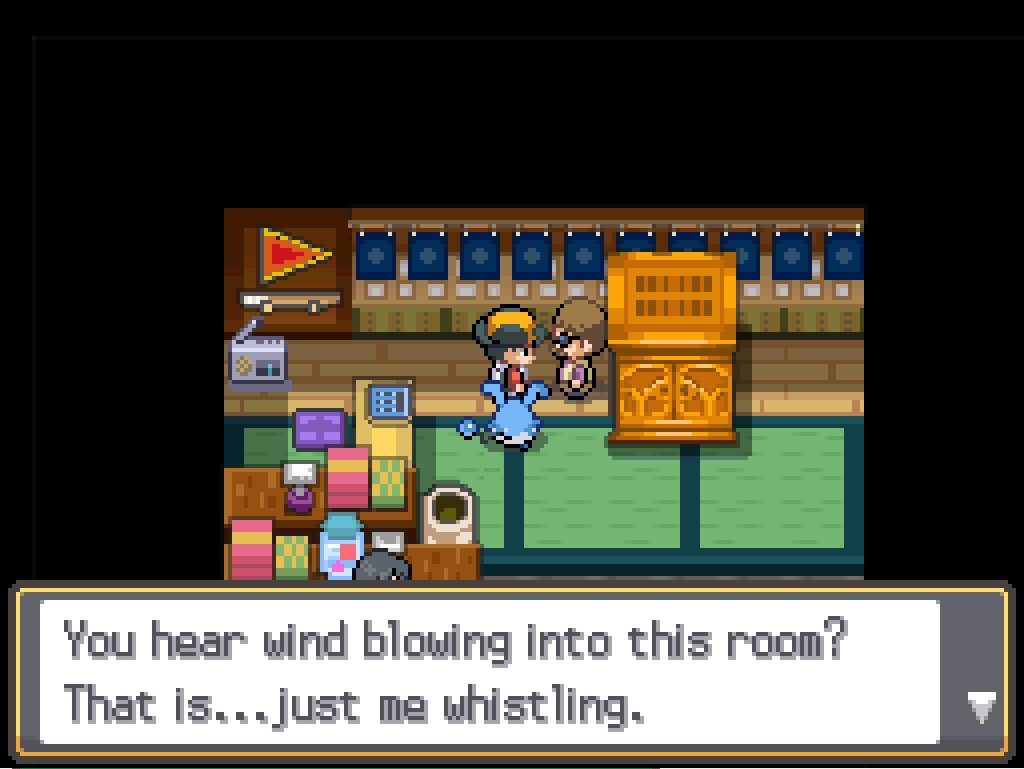 In the souvenir shop. Piles of brightly-coloured boxes heaped around the cashier's desk, a radio in the corner, a large gold-coloured cabinet at the back of the room. A man in glasses standing by the cabinet says: You hear wind blowing into this room? That is... just me whistling.