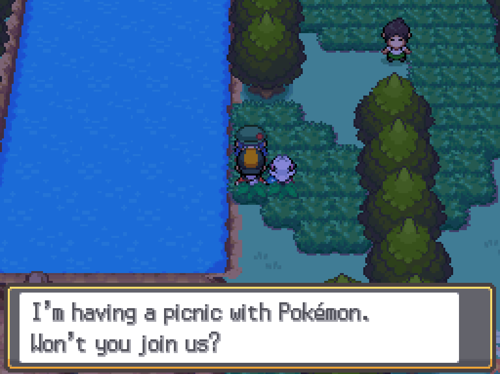 Talking to a girl in a scout uniform next to a pond: I'm having a picnic with Pokémon. Won't you join us?