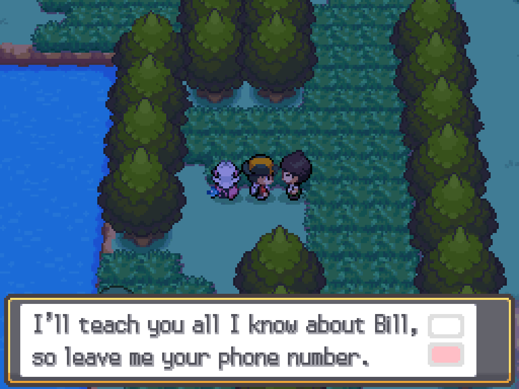 Talking to a young man on route 43: I'll teach you all I know about Bill, so leave me your phone number.