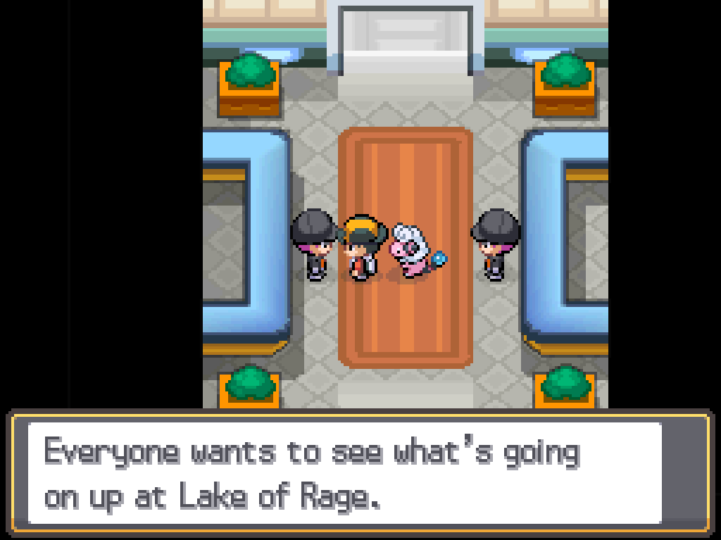 Talking to a Team Rocket grunt in the gatehouse: Everyone wants to see what's going on up at Lake of Rage.