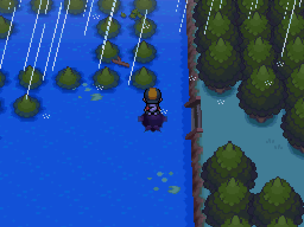 Surfing on Lake of Rage. Treetops poke out of the water in the north. Heavy rain.