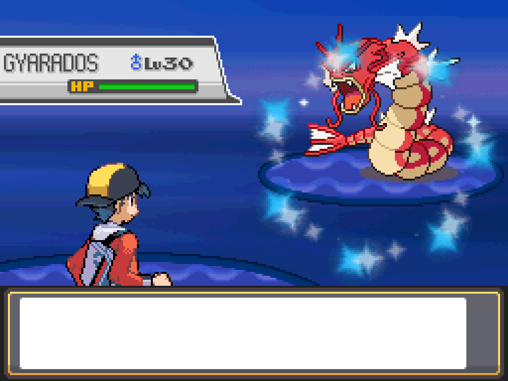 Entering battle with the red Gyarados. It sparkles.